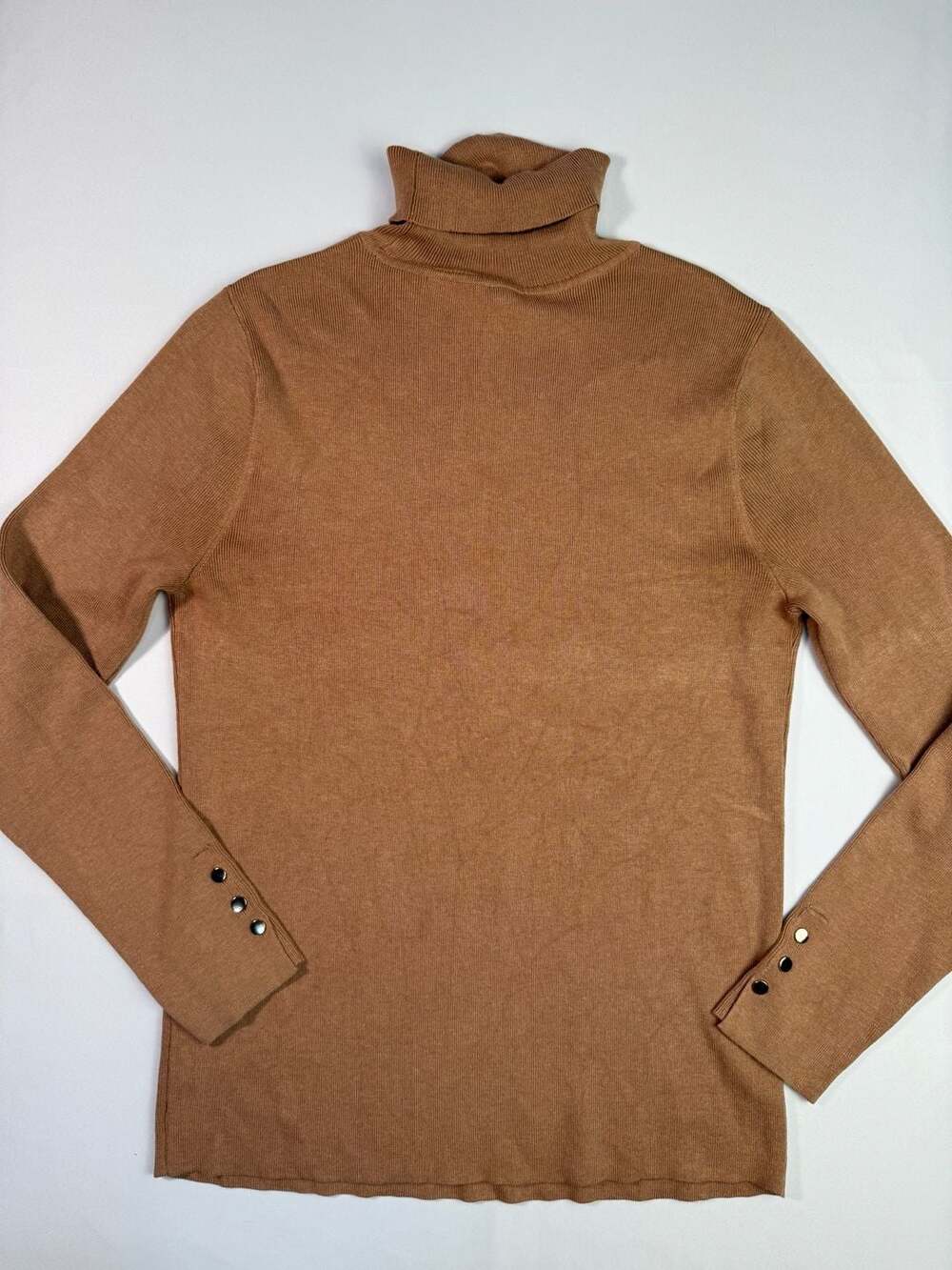Chico's Ribbed Turtleneck Sweater Camel Brown Gold Cuff Buttons Size 1 M